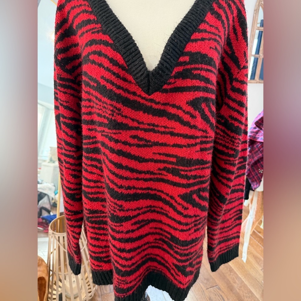Brave Soul Red and Black Zebra V-Neck Sweater